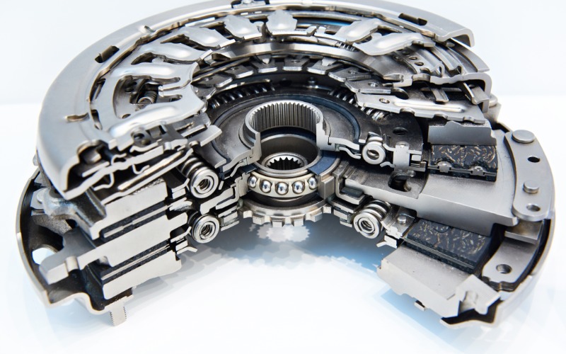 A close-up of a car's dry double clutch system in section to show its interior structure against a white background.