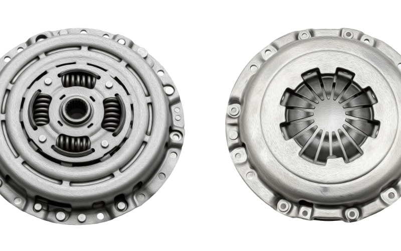 Four automotive clutch discs and pressure plates arranged in a line together against a white background.