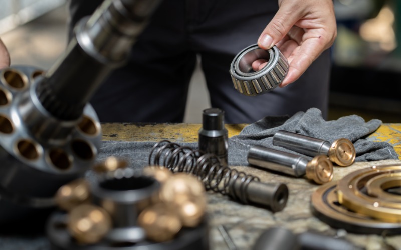A close-up of the lower half of a man in front of a work table, with the man holding a hydraulic bearing