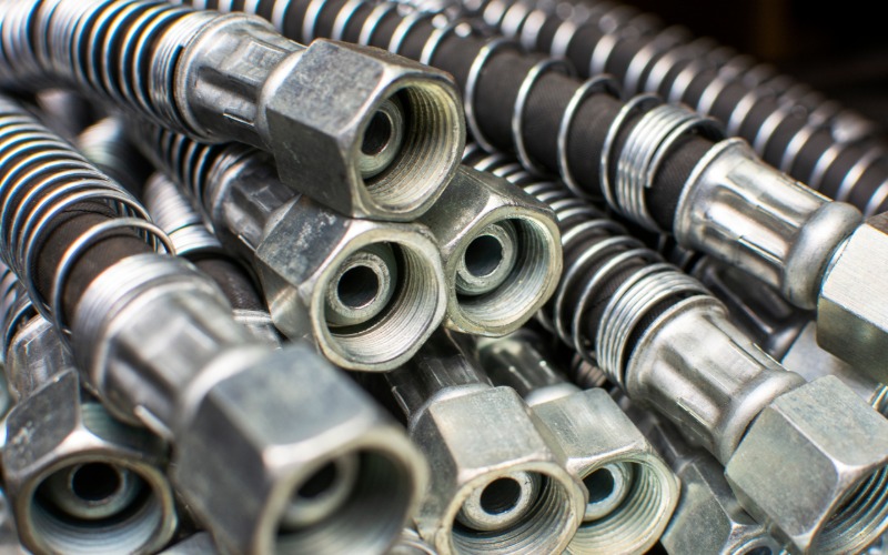 A close-up of a pile of stainless steel hydraulic hoses for heavy machinery with the ends facing the viewer.