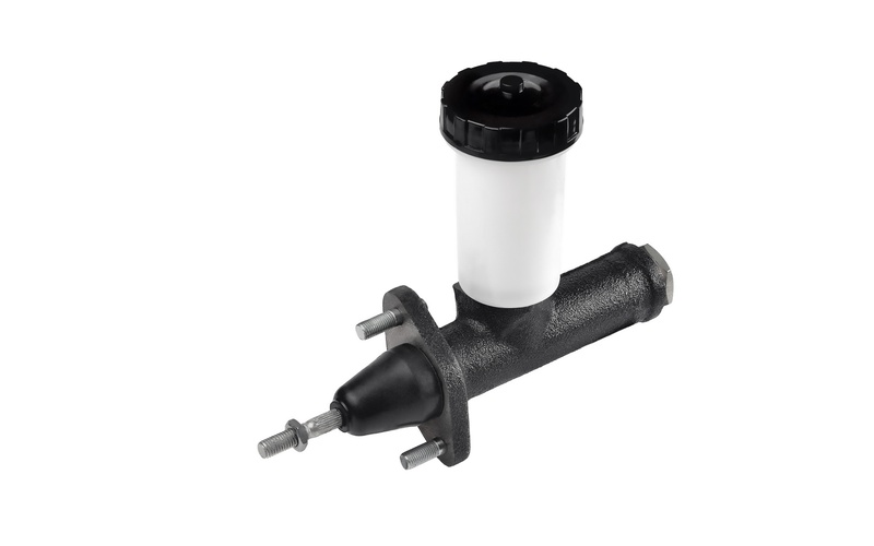 A black iron automotive master cylinder with a white plastic fluid reservoir against a white background.