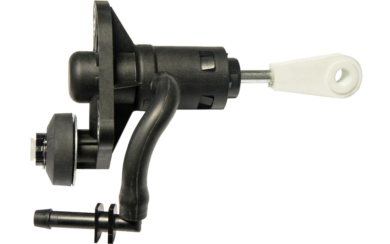 A black automotive clutch master cylinder with a white plastic handle isolated against a white background.